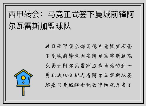 西甲转会：马竞正式签下曼城前锋阿尔瓦雷斯加盟球队
