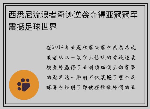 西悉尼流浪者奇迹逆袭夺得亚冠冠军震撼足球世界