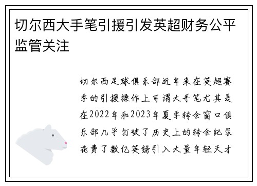 切尔西大手笔引援引发英超财务公平监管关注